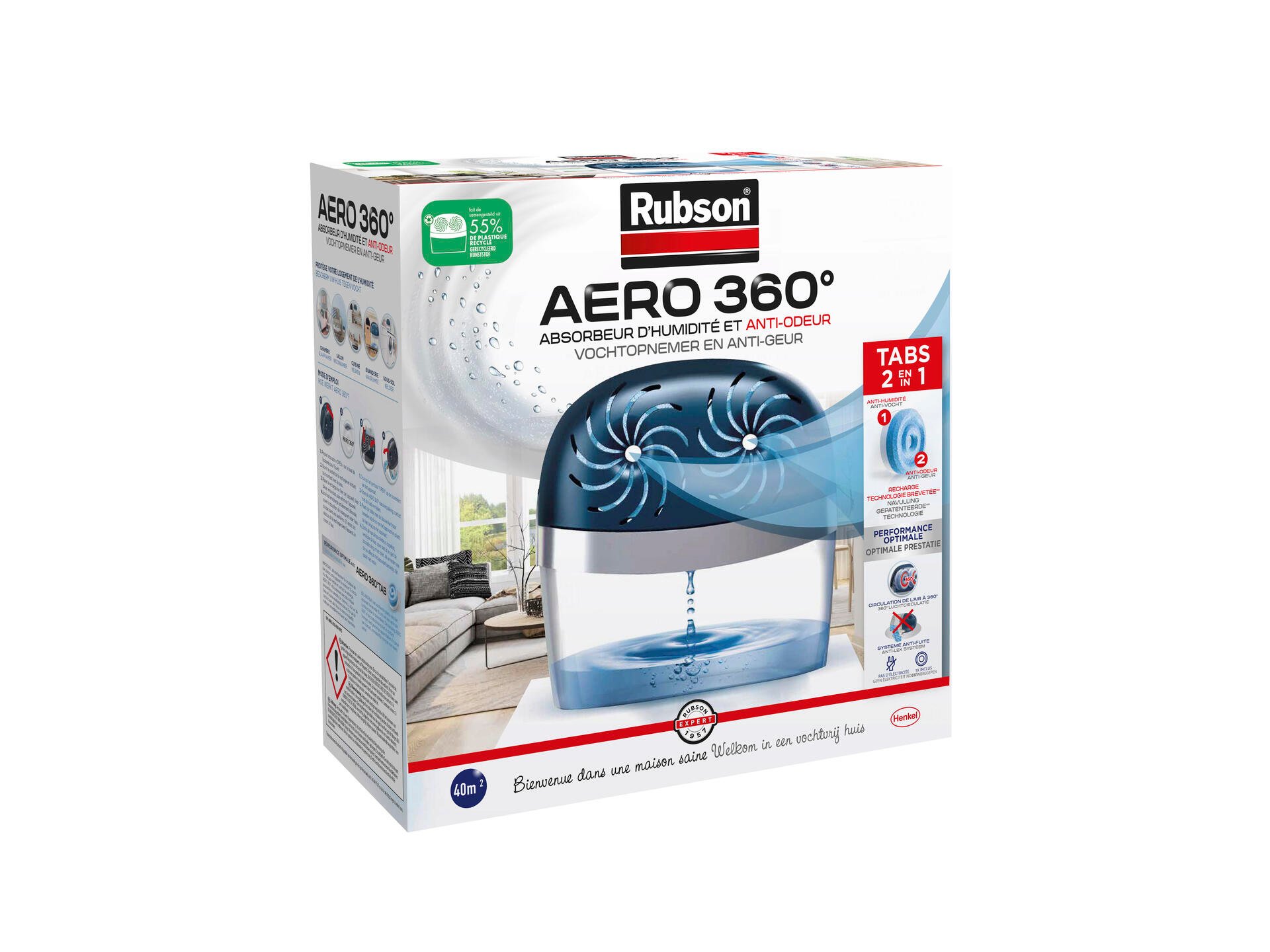Rubson vochtopnemer Aero 360 - ruimtes tot 40m² - plus 6 neutrale  navullingen 