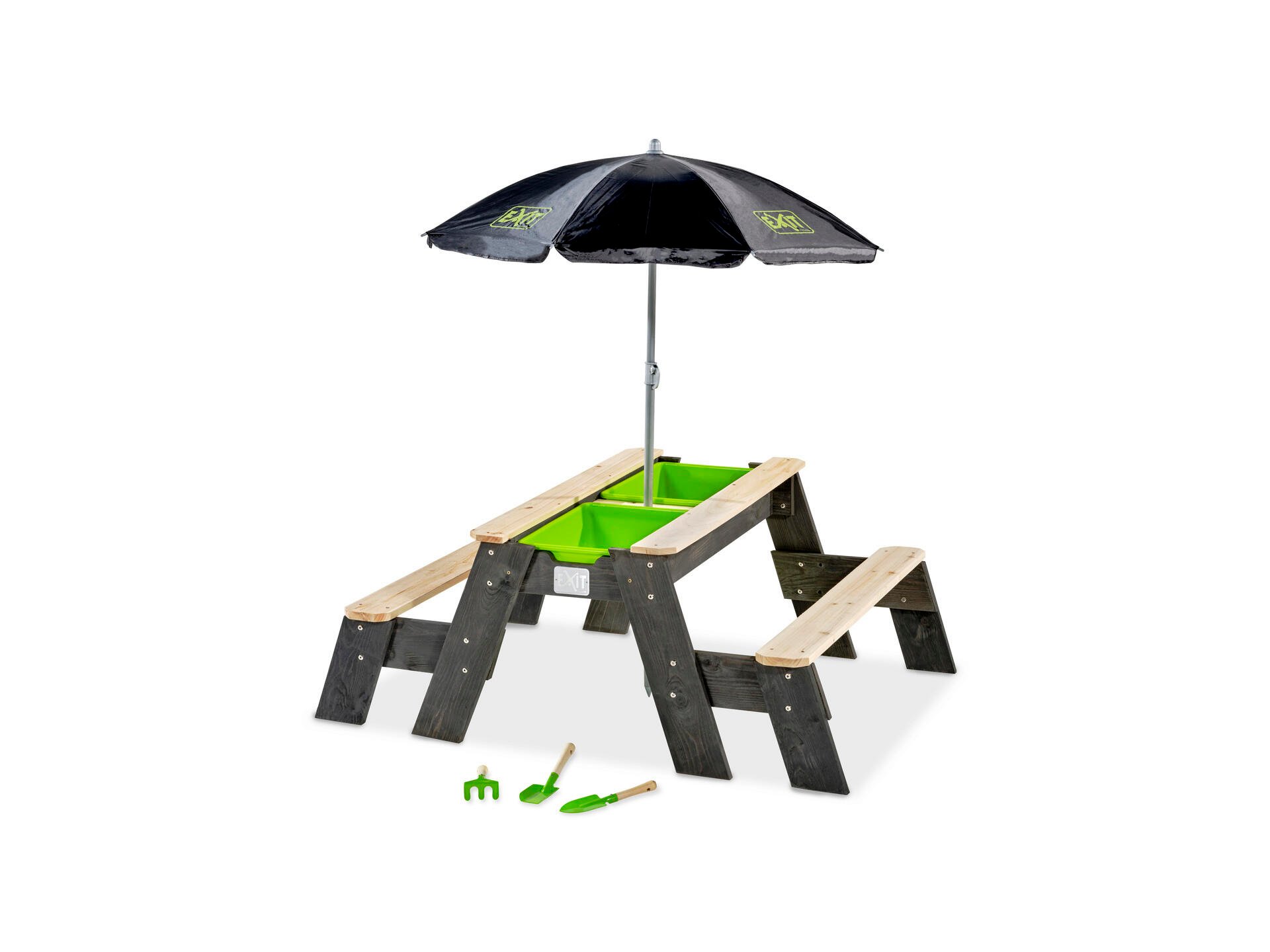 Exit Toys Aksent table d'activités sable et eau et de pique-nique avec bancs et couvercle 120x94 cm + parasol et outils de jardinage
