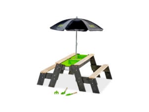 Exit Toys Aksent table d'activités sable et eau et de pique-nique avec bancs et couvercle 120x94 cm + parasol et outils de jardinage