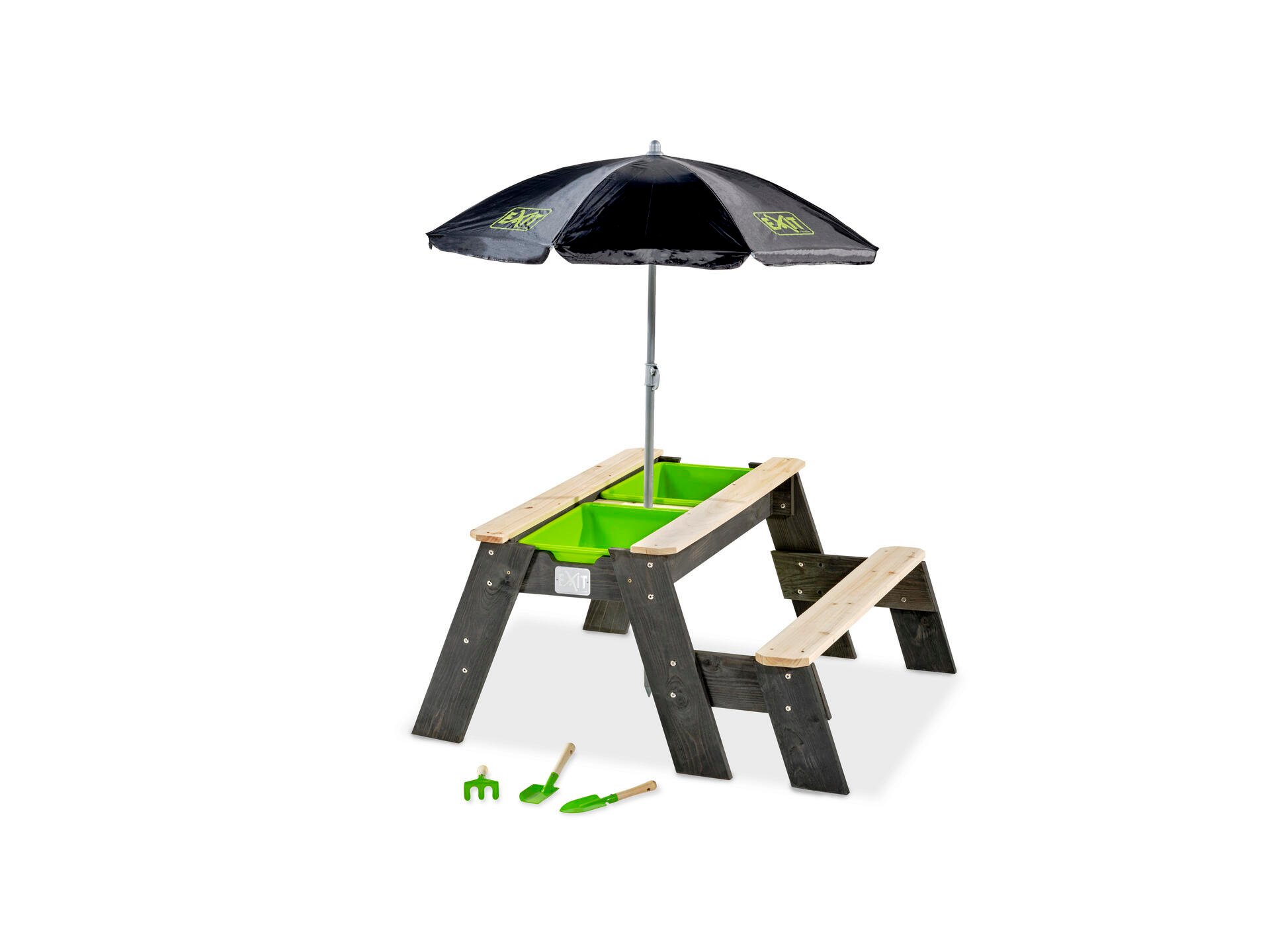 Exit Toys Aksent zand- water- en picknicktafel met bankje en deksel 94x94 cm + parasol en tuingereedschap