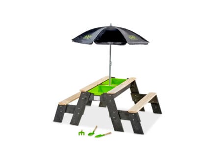 Aksent zand- water- en picknicktafel met bankjes en deksel 120x94 cm + parasol en tuingereedschap 1