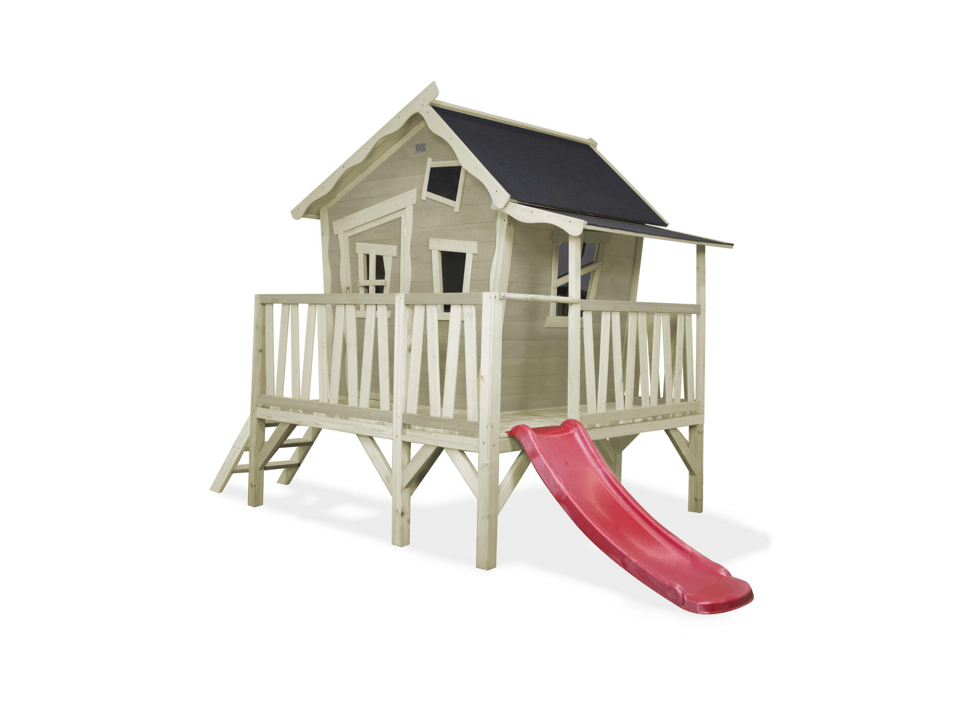 Exit Toys Crooky 350 speelhuisje grijs/beige + glijbaan rood