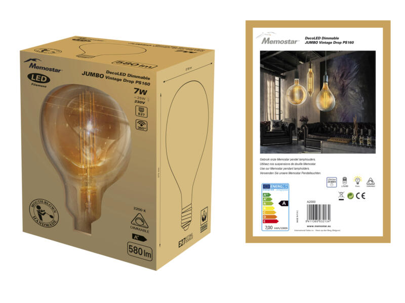 DecoLED Jumbo Vintage Drop LED peerlamp filament E27 dimbaar | Hubo