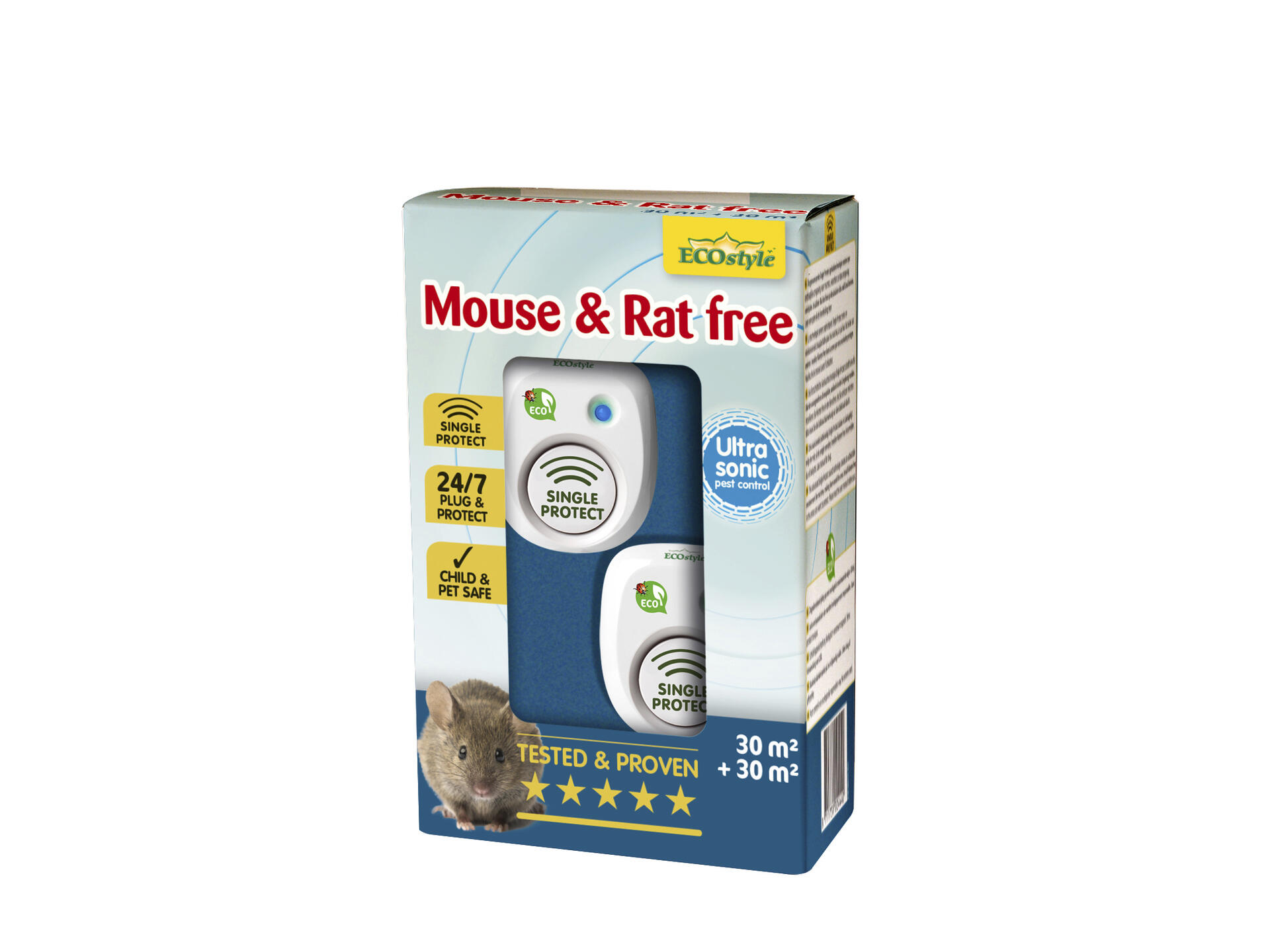 Ecostyle Mouse & Rat Free répulsif rats et souris à ultrasons 30m² + 30m² duopack