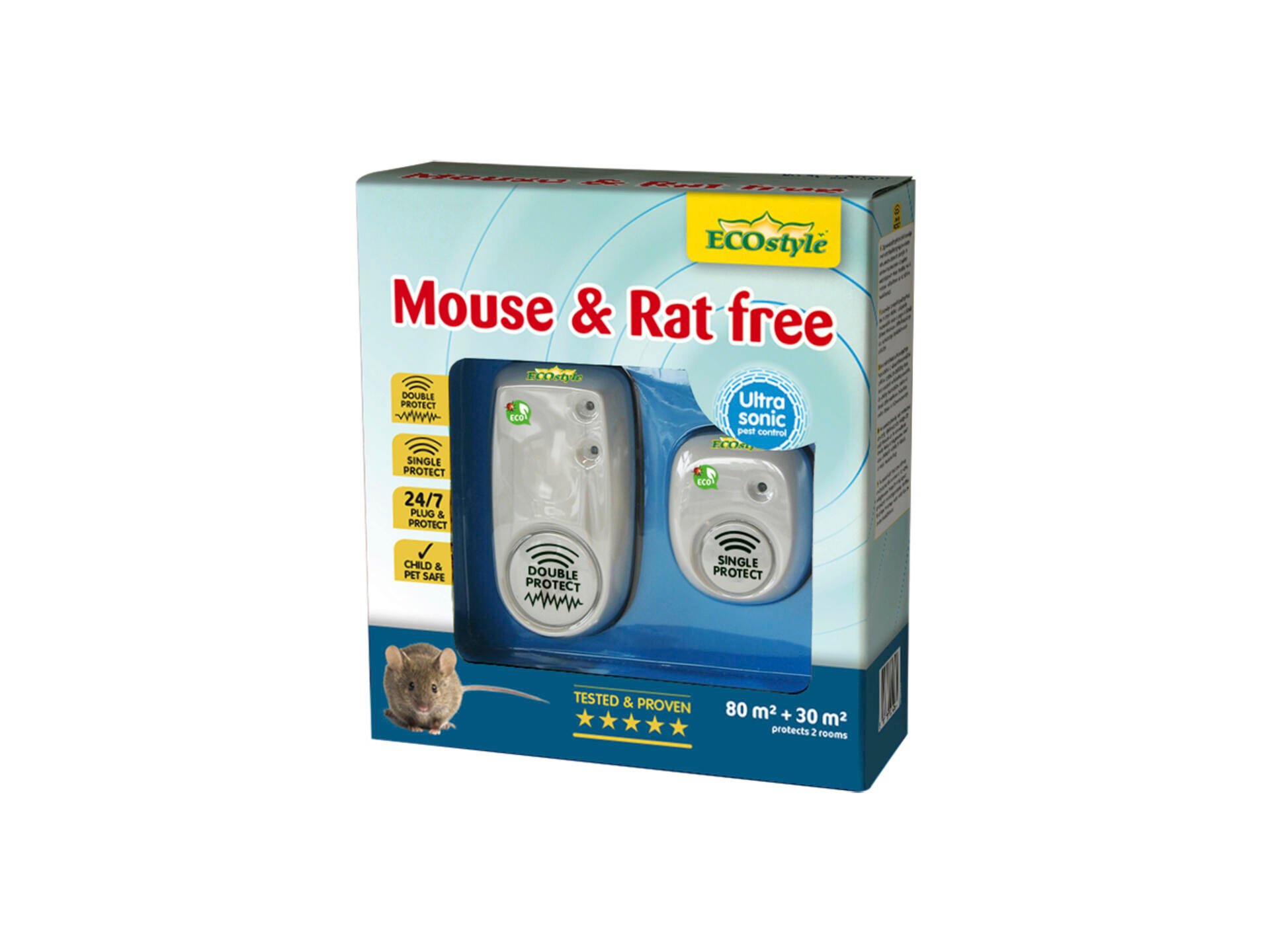 Ecostyle Mouse & Rat Free répulsif rats et souris à ultrasons 80m² + 30m² duopack