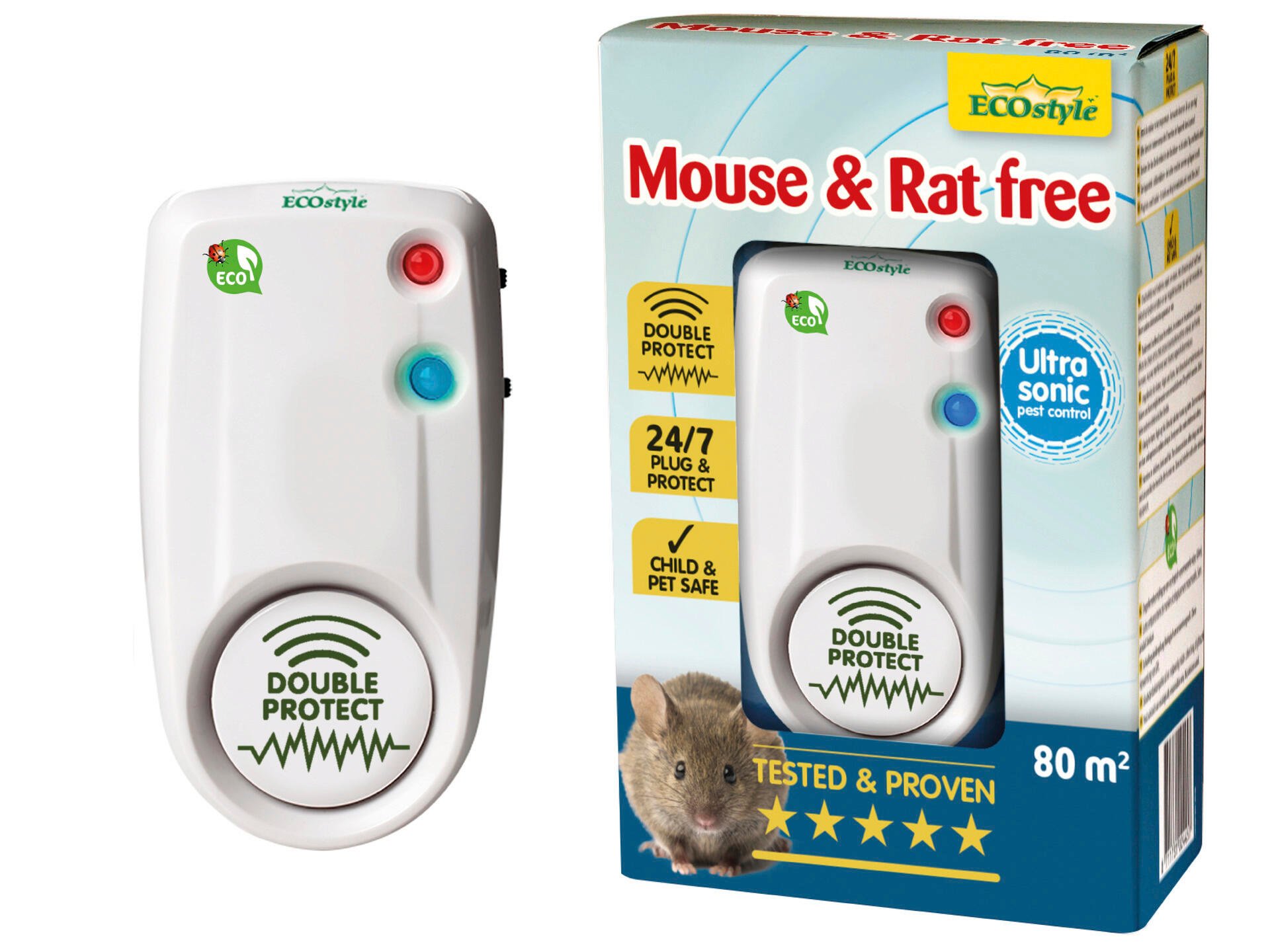 Ecostyle Mouse & Rat Free répulsif rats et souris à ultrasons 80m²