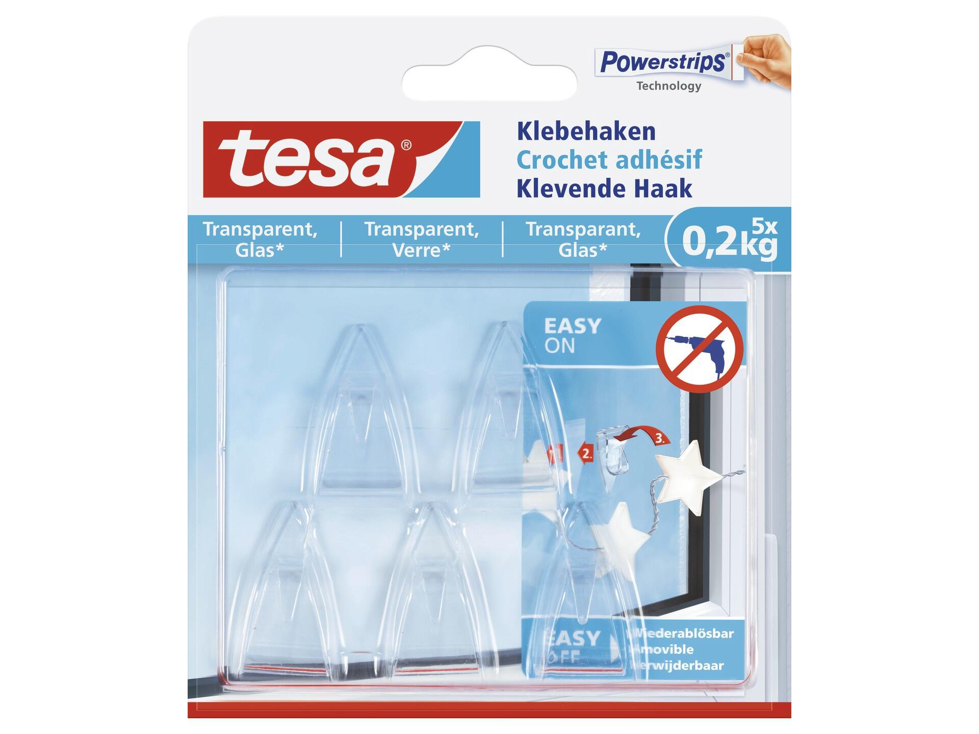 Tesa Powerstrips crochet adhésif pour matériaux transparents et verre 4cm  0,2kg transparent 5 pièces