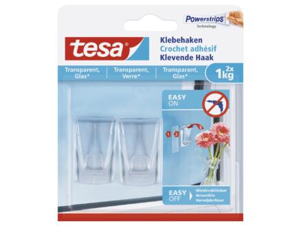 Tesa Powerstrips zelfklevende haak voor transparante materialen en glas 4,5cm 1kg transparant 2 stuks