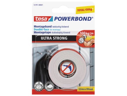 Tesa Ultra Strong montagetape 1,5m x 19mm wit 1