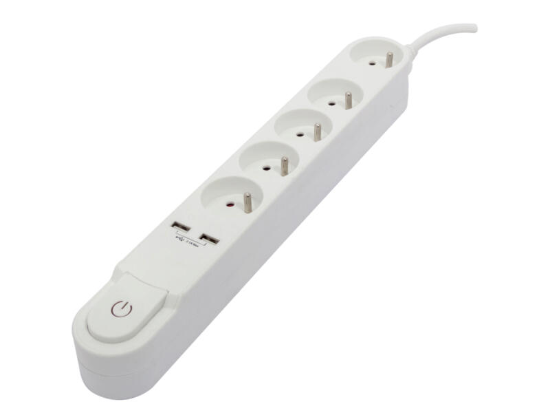 Chacon bloc multiprise design 5x + 2x USB avec interrupteur et câble 1,5m blanc