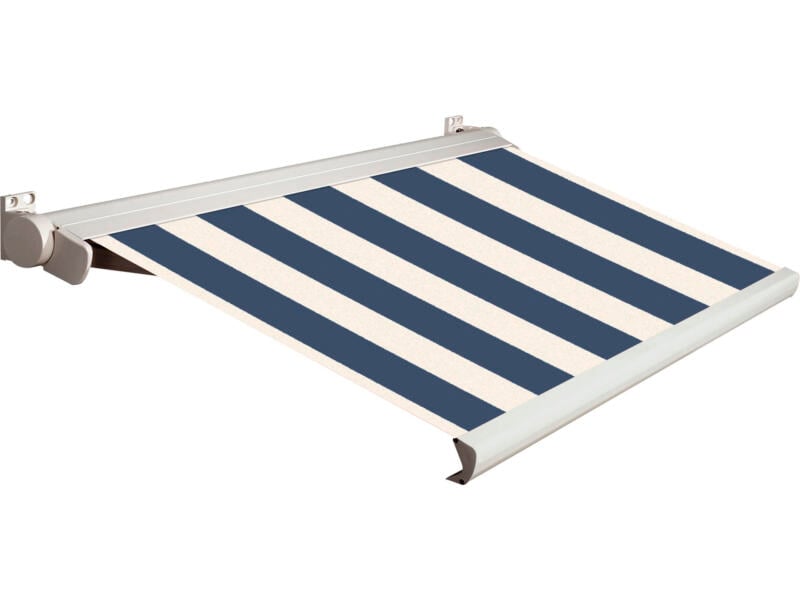 Domasol elektrische zonneluifel F20 350x300 cm blauw-wit smalle strepen met crèmewit frame