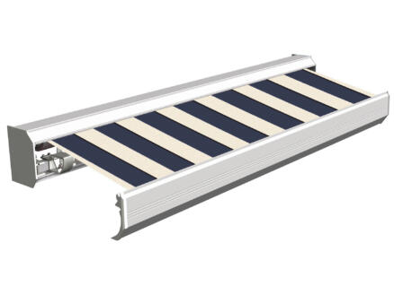 Domasol elektrische zonneluifel F30 400x300 cm + afstandsbediening blauw-wit brede strepen met crèmewit frame 1