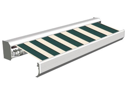 Domasol elektrische zonneluifel F30 450x300 cm groen-wit brede strepen met crèmewit frame 1