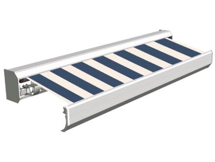 Domasol elektrische zonneluifel F30 500x300 cm + afstandsbediening blauw-wit smalle strepen met crèmewit frame 1
