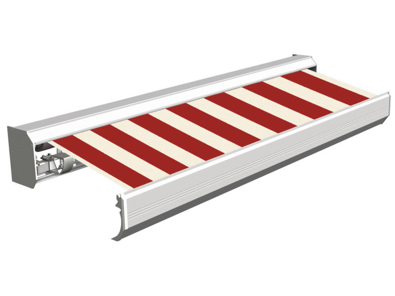 Domasol elektrische zonneluifel F30 500x300 cm + afstandsbediening rood-wit smalle strepen met crèmewit frame