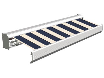 Domasol elektrische zonneluifel F30 500x300 cm blauw-wit brede strepen met crèmewit frame