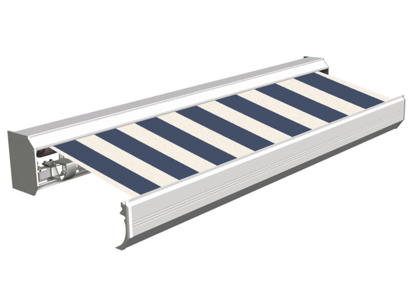 Domasol elektrische zonneluifel F30 500x300 cm blauw-wit smalle strepen met crèmewit frame