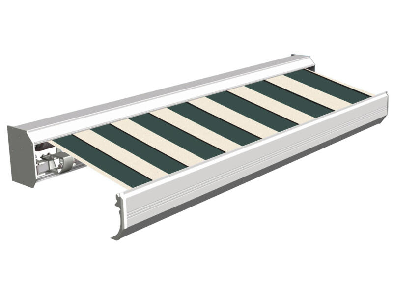 Domasol elektrische zonneluifel F30 500x300 cm groen-wit brede strepen met crèmewit frame