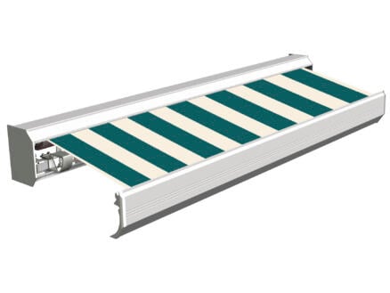 Domasol elektrische zonneluifel F30 550x300 cm + afstandsbediening groen-wit smalle strepen met crèmewit frame 1