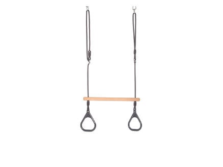 Dice trapèze balançoire 58cm bois + anneaux de gymnastique anthracite 1